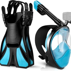 シュノーケルセット フルフェイス型ダイビングマスク+調整可能フィン+収納袋付き 180度超広角 GoPro取付可能