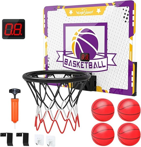 バスケットゴール バスケットボール おもちゃ 自動採点 効果音 ドア掛け 壁掛け ボール4個 粘着フック 室内 屋外兼用