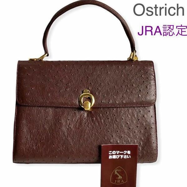 JRA認定 オーストリッチ クラシカルデザイン ハンドバッグ ブラウン Ostrich leather bag 茶色 本革レザー 軽量 送料無料 匿名配送