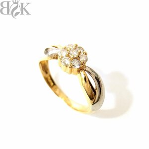 美品 K18 Pt900 デザインリング 指輪 ダイヤ フラワー 花 イエローゴールド プラチナ コンビ 約10号 0.30ct 総重量約3.0g 超音波洗浄済 〓