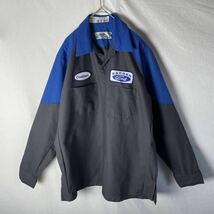レッドキャップ　長袖ワークシャツ　オープンカラー　古着　Lサイズ　ブルー×グレー　WORK WEAR フォード_画像1