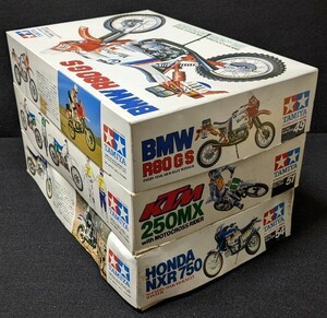 即決！TAMIYA タミヤ 1/12 オートバイ 絶版オフロードバイク×3set★KTM250MX/ホンダNXR750/BMW R80 G/S★80年代 未組立てプラモデル