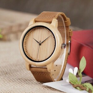 腕時計 メンズ クォーツ メンズ・レディース用 竹製腕時計 ブラウンカウレザーストラップ アナログクオーツ 腕時計