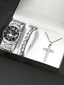 腕時計 メンズ セット ファッション メンズ腕時計 クオーツ カレンダー付き + ブレスレット + 十字架ペンダントネックレス ス