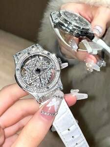 腕時計 レディース クォーツ 1個の新しいデザインの回転可能なダイヤルダイヤモンドセットレディースウォッチ、ホワイトレザーストラッ