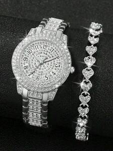 腕時計 レディース セット 女性用 腕時計 ステンレス製ダイヤモンド付き 時計2本と ハート型フルラインストーン ブレスレットセッ