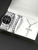 腕時計 メンズ セット メンズ腕時計 カレンダー付き ステンレススチール 1本 + ブレスレット1本 + 十字架ペンダントネックレ_画像1