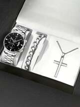 腕時計 メンズ セット メンズ腕時計 カレンダー付き ステンレススチール 1本 + ブレスレット1本 + 十字架ペンダントネックレ_画像2