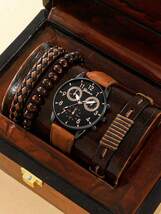 腕時計 メンズ セット 腕時計 メンズ ブラウンレザー クオーツ 腕時計4本とブレスレット1本のセット ビジネス/カジュアル兼用_画像1
