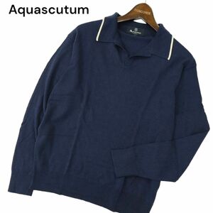 Aquascutum アクアスキュータム 絹 シルク混★ ウール スキッパー ニット セーター Sz.LL　メンズ 紺 日本製　A4T00044_1#K