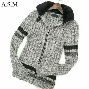 A.S.M アトリエサブ メン 秋冬 ウール混★ 襟ボア着脱可 ライン ジップ ニット ブルゾン ジャケット Sz.48　メンズ ASM　A4T00240_1#K