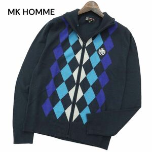 MK HOMME ミッシェルクラン オム 秋冬 ウール混★ 刺繍 ダイヤ柄 ジップ ニット ブルゾン ジャケット Sz.46　メンズ 紺　A4T00207_1#K