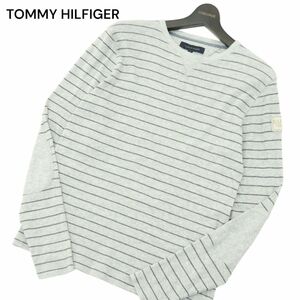 TOMMY HILFIGER トミーヒルフィガー エルボーパッチ★ ロゴ刺繍 長袖 ボーダー カットソー ロンTシャツ Sz.S　メンズ グレー　A4T00493_1#F