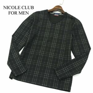 美品★ NICOLE CLUB FOR MEN ニコルクラブ フォーメン 通年 長袖 チェック柄 Vネック カットソー Tシャツ Sz.46　メンズ　A4T00558_1#F