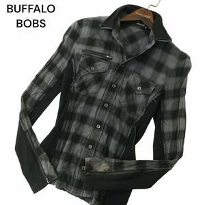 BUFFALO BOBS バッファローボブス 通年 襟ワイヤー★ リブ切替 長袖 カットオフ ワーク チェック シャツ Sz.1　メンズ 黒　A4T00781_1#C