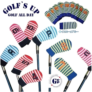 *1 free shipping [GOLF`S UP](BLxNA) Golf z up GOLF`S UP stripe iron cover knitted material 10 piece set ( blue * navy ) GUIC-001