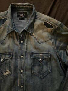 【名作】極美品 RRL REPAIRED WESTERN SHIRT ダブルアールエル リペア コンチョ インディゴ デニム ウエスタンシャツ シャツ 2011年製 L