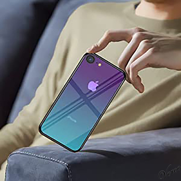 【鮮やかなオーロラ透明グラデーション】 背面ガラスケース iPhone SE / iPhone7 / 8 TPU ストラップホール 耐衝撃 指紋防止 グリップ感