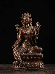  *珍品旧蔵* 近現代 緑度母 観世音菩薩化身 純銅 泥金 仏像 置物 中国古美術 GH01-20