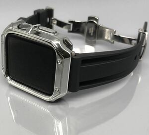 ブラック シルバー アップルウォッチバンド ラバーベルト Apple Watch カバー　ケース メンズ レディース 38mm 40mm 41mm 42mm 44mm 45mm