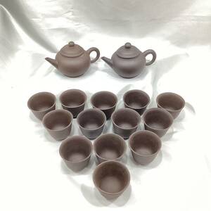 【未使用・保管品】中国茶器 急須2点 湯呑み13客 セット 焦茶 ダークブラウン 陶器 口径約5.5cm 高さ約4.5cm 茶道具 ティーセット (H771)