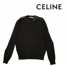 【1円】セリーヌ CELINE レディース クルーネック ニット セーター カラーステッチ ブラック XS ハイゲージ ブラゾンウール ナイロン混_画像1