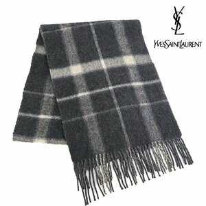 【1円/美品】イヴサンローラン YSL カシミア100％ マフラー チェック 無地 リバーシブル グレー ホワイト メンズ レディース 襟巻 川辺(株)