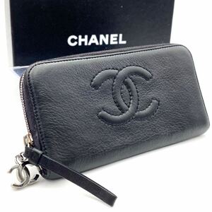 美品 シャネル CHANEL ロゴ ラムスキン キャビアスキン ラウンドファスナー アイコン マトラッセ シェブロン ステッチ 長財布 ブラック 