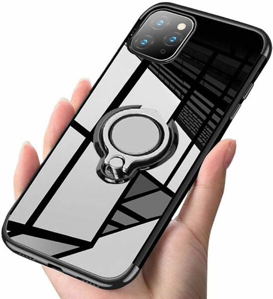 iPhone 11Pro用ケース 黒色 リング付き ブラック 透明 TPU 薄型 軽量 人気　オシャレ アイホン アイフォン