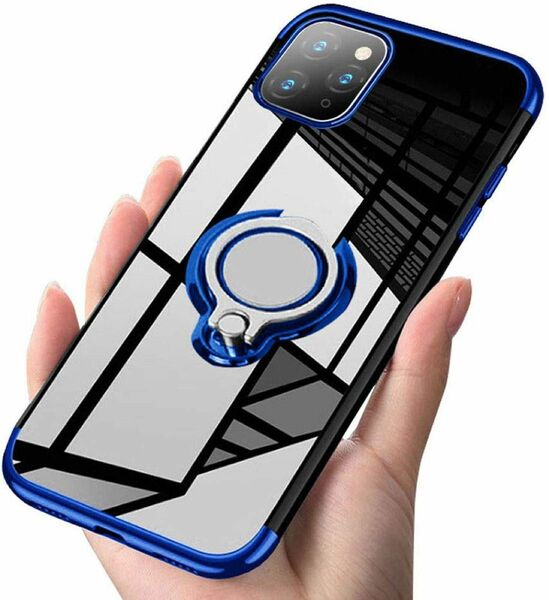 iPhone 12用ケース 青色 リング付き ブルー 透明 TPU 薄型 軽量 人気　オシャレ iPhone 12Proも可