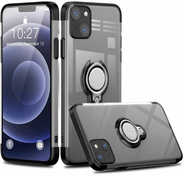 iPhone 13 用 ケース 黒色 リング付き ブルー 透明 TPU 薄型 軽量 人気　オシャレ アイホン アイフォン