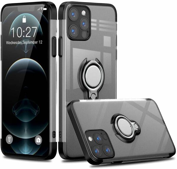 iPhone 13Pro 用 ケース 黒色 リング付き ブルー 透明 TPU 薄型 軽量 人気　オシャレ アイホン アイフォン