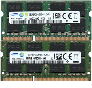 【DDR3 8GBx2枚 合計16GB ノートPC用】＜動作確認済＞SAMSUNG 低電圧 1.35V DDR3L-1600 (PC3L-12800S) M471B1G73QH0-YK0 2枚【中古】H953