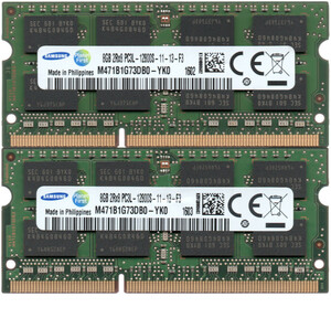 【DDR3 8GBx2枚 合計16GB ノートPC用】＜動作確認済＞SAMSUNG 低電圧 1.35V DDR3L-1600 (PC3L-12800S) M471B1G73DB0-YK0 2枚【中古】H946