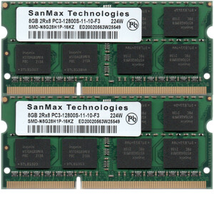 【DDR3 8GBx2枚 合計16GB ノートPC用】＜動作確認済＞SanMax Technologies DDR3-1600 (PC3-12800S) SMD-N8G28H1P-16KZ 2枚【中古】H948