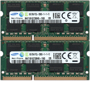 【DDR3 8GBx2枚 合計16GB ノートPC用】＜動作確認済＞SAMSUNG 低電圧 1.35V DDR3L-1600 (PC3L-12800S) M471B1G73BH0-YK0 2枚【中古】H955