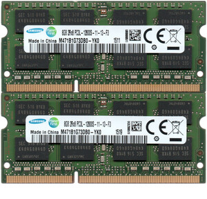 【DDR3 8GBx2枚 合計16GB ノートPC用】＜動作確認済＞SAMSUNG 低電圧 1.35V DDR3L-1600 (PC3L-12800S) M471B1G73DB0-YK0 2枚【中古】H956