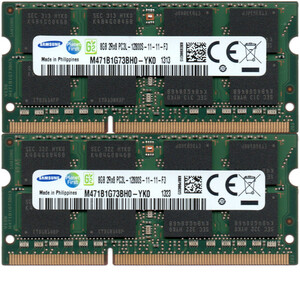 【DDR3 8GBx2枚 合計16GB ノートPC用】＜動作確認済＞SAMSUNG 低電圧 1.35V DDR3L-1600 (PC3L-12800S) M471B1G73BH0-YK0 2枚【中古】H965