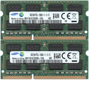 【DDR3 8GBx2枚 合計16GB ノートPC用】＜動作確認済＞SAMSUNG 低電圧 1.35V DDR3L-1600 (PC3L-12800S) M471B1G73DB0-YK0 2枚【中古】H945