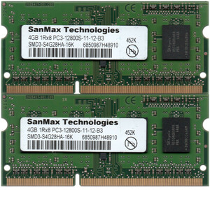 SanMax Technologies DDR3-1600 (PC3-12800S) 4GBx2枚 合計8GB ノートPC用 SMD3-S4G28HA-16K 両面実装(1Rx8) 動作確認済【中古】M169