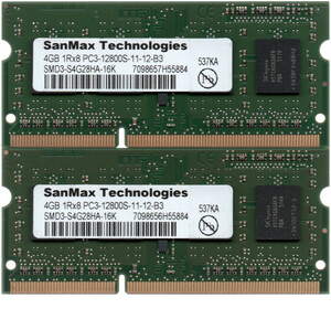 SanMax Technologies DDR3-1600 (PC3-12800S) 4GBx2枚 合計8GB ノートPC用 SMD3-S4G28HA-16K 両面実装(1Rx8) 動作確認済【中古】M172