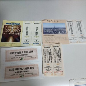 鉄道博物館、東武博物館、東京スカイツリー割引券、東武ワールドスクウェア割引券　各２枚