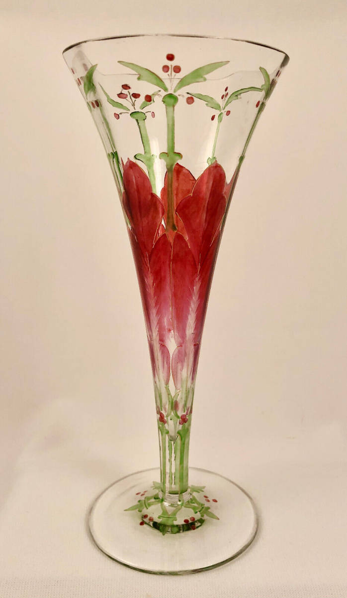 مزهرية زجاجية من Theresienthal Flowform مرسومة يدويًا بالمينا على طراز فن الآرت نوفو العتيق العتيق, مطبخ, أدوات المائدة, أدوات المائدة, آحرون