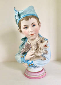 アンティーク Scheibe ビスク胸像 テリア犬を連れた少年 ドイツアンティーク 骨董品 ビンテージ