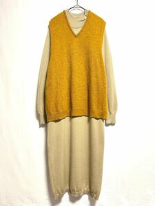1980's made in ltaly wool fabric beige mock neck knit sweater dress ニットワンピース ロングワンピース ウール混