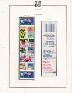 6 米国【未使用】＜「1987 グレート・アメリカン・シリーズ（その他・挨拶状切手）」 10種ペーン / リーフ（ヒンジ貼）＞ 