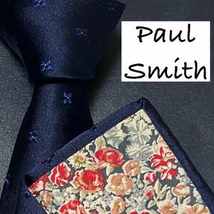 極美品 Paul Smith ポールスミス ネクタイ 花柄 マルチストライプ 刺繍 ジャガード メンズ ビジネス 通勤 ドット ブルー 青 ネイビー 紺