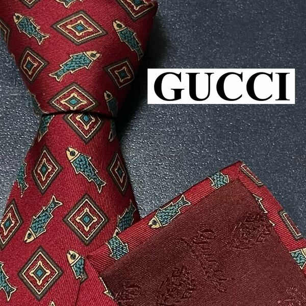 完売品 GUCCI グッチ 美品 ネクタイ シルク 刺繍 ジャガード ビジネス メンズ スクエア 四角 動物 魚 レッド 赤 ヴィンテージ 古着