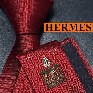 激レア HERMES エルメス 極美品 ネクタイ 現行 シルク ファソネH H織 刺繍 ジャガード メンズ ビジネス 馬車 ワンポイント ソリッド レッド