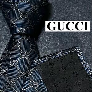 未使用級 GUCCI グッチ ネクタイ シルク100% GG GGライン シェリーライン 蜂 bee 刺繍 ジャガード シマ メンズ ツヤ ブルー 青